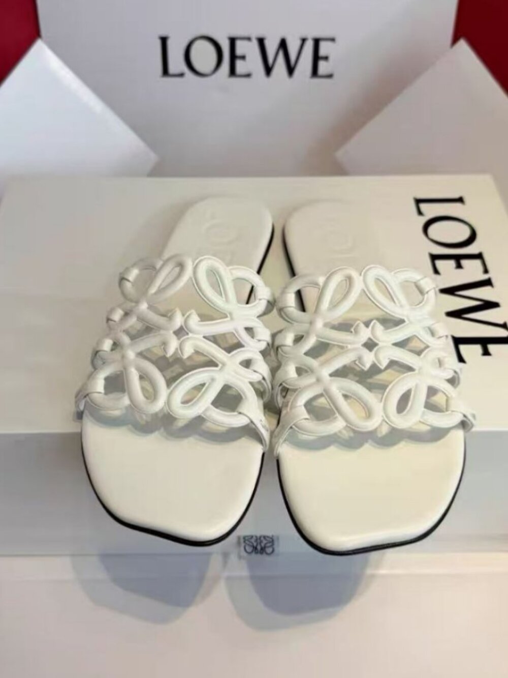 Loewe White Anagram Cut‑Out Leather Slide Sandals